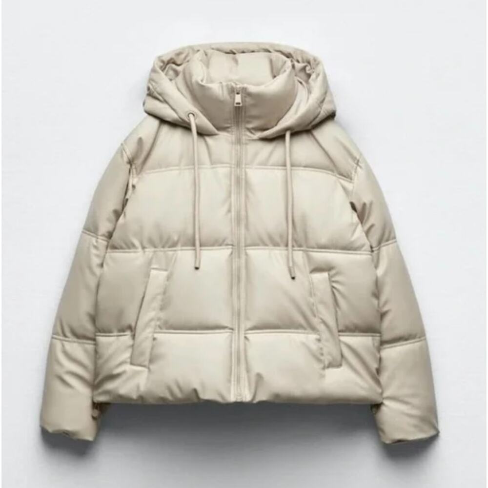 ZARA Ecru Faux Leather Hooded Puffer Coat Zipped Pockets Medium